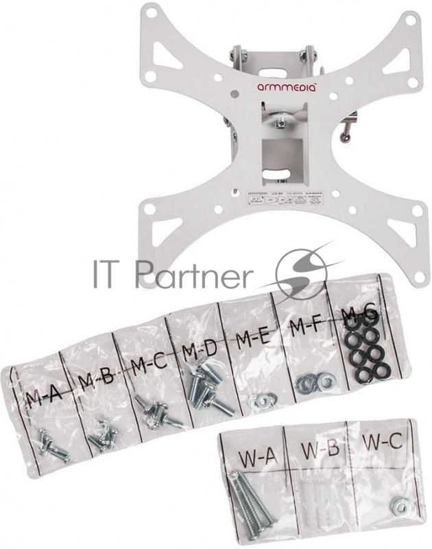 Кронштейн Arm media LCD-301 white, настенный для TV 15-37, max 30 кг, 2 ст св., нак. ±20°, пов. 180°, от ст. 82-150 мм, max VESA 200x200 мм.