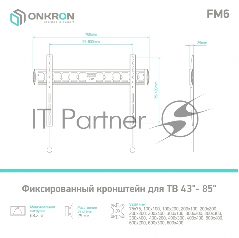 Кронштейн ONKRON FM6 для телевизора 43-85 фиксированный, чёрный
