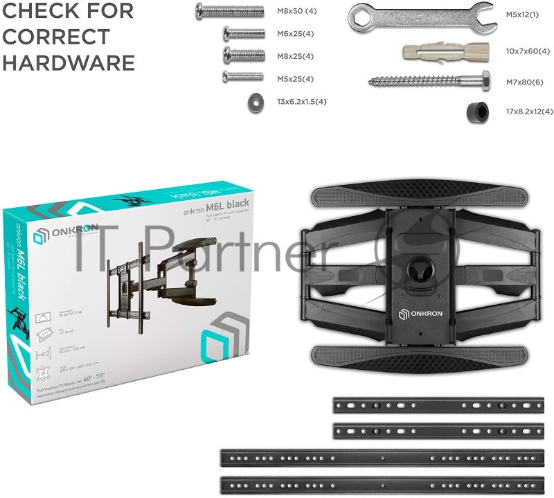 Кронштейн ONKRON M6L для телевизора 40-75 наклонно-поворотный, черный