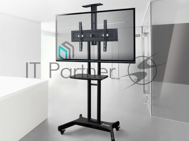 Мобильная стойка ONKRON TS1551 BLACK / 40-70 от 200х200 до 400х600 наклон 0º поворот 0º макс нагр 45,5кг Высота 1200-1500мм, кабель-канал, регулировка полки по высоте, колесики с блокировкой, черная