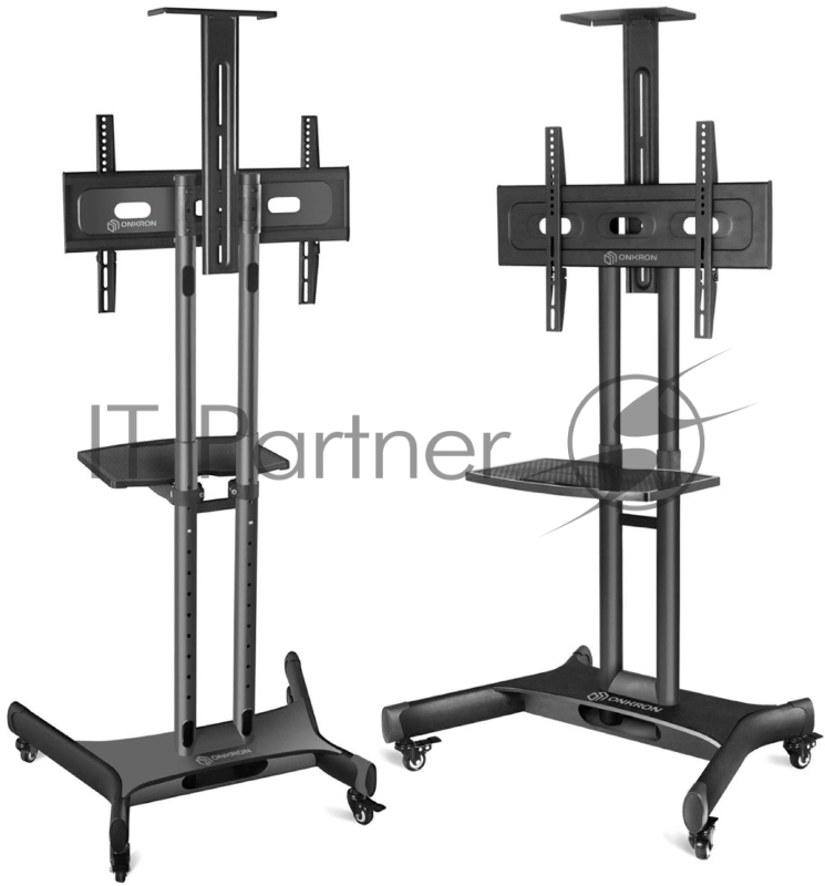 Мобильная стойка ONKRON TS1551 BLACK / 40-70 от 200х200 до 400х600 наклон 0º поворот 0º макс нагр 45,5кг Высота 1200-1500мм, кабель-канал, регулировка полки по высоте, колесики с блокировкой, черная