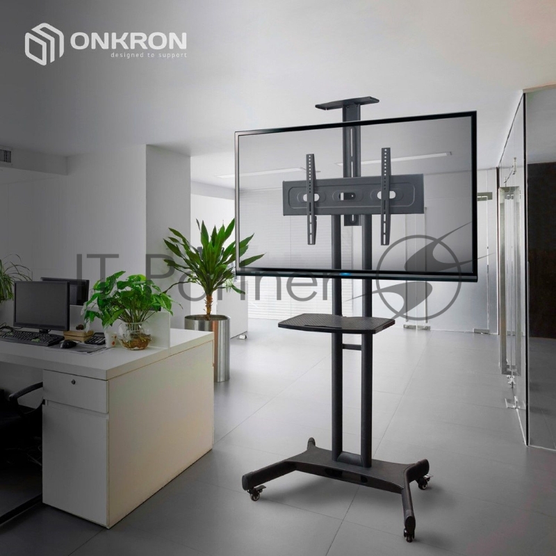 Мобильная стойка ONKRON TS1551 BLACK / 40-70 от 200х200 до 400х600 наклон 0º поворот 0º макс нагр 45,5кг Высота 1200-1500мм, кабель-канал, регулировка полки по высоте, колесики с блокировкой, черная