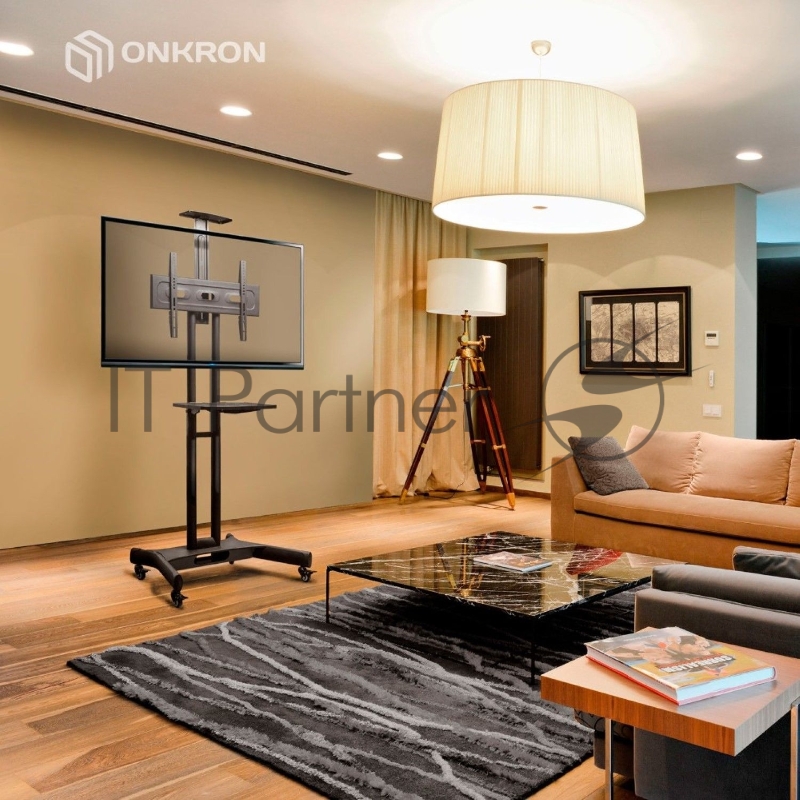 Мобильная стойка ONKRON TS1551 BLACK / 40-70 от 200х200 до 400х600 наклон 0º поворот 0º макс нагр 45,5кг Высота 1200-1500мм, кабель-канал, регулировка полки по высоте, колесики с блокировкой, черная
