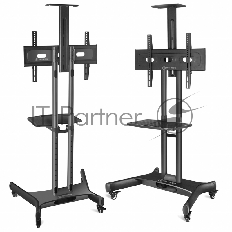Мобильная стойка ONKRON TS1551 BLACK / 40-70 от 200х200 до 400х600 наклон 0º поворот 0º макс нагр 45,5кг Высота 1200-1500мм, кабель-канал, регулировка полки по высоте, колесики с блокировкой, черная