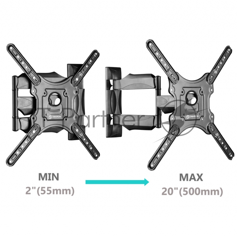 Кронштейн ONKRON M4 BLACK / 32-55 макс. 400*400, 2 колена, наклон -5º+8º, поворот 180º макс, от стены 55-500мм, черный