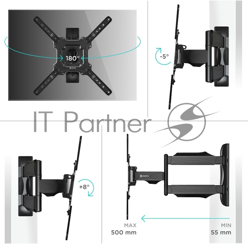 Кронштейн ONKRON M4 BLACK / 32-55 макс. 400*400, 2 колена, наклон -5º+8º, поворот 180º макс, от стены 55-500мм, черный