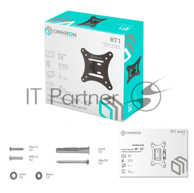 Кронштейн ONKRON RT1 для телевизора 10-32 наклонный, чёрный