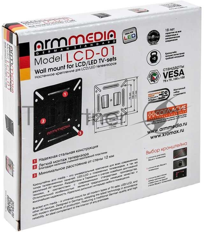 Кронштейн Arm media LCD-01 black, Кронштейн 15-32 Кронштейн Arm media LCD-01 black, для LED/LCD телевизоров 15-32, max 15 кг, настенный, от стены 12мм, VESA 100x100.