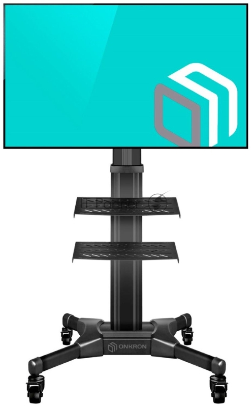 Мобильная стойка ONKRON на 1 ТВ Мобильная стойка ONKRON на 1 ТВ/ 32-55 от 200х200 до 400х600 наклон 0º поворот 0º макс нагр 27,3кг Высота 900-1500мм, кабель-канал, регулировка полки по высоте, колесики с блокировкой, черная