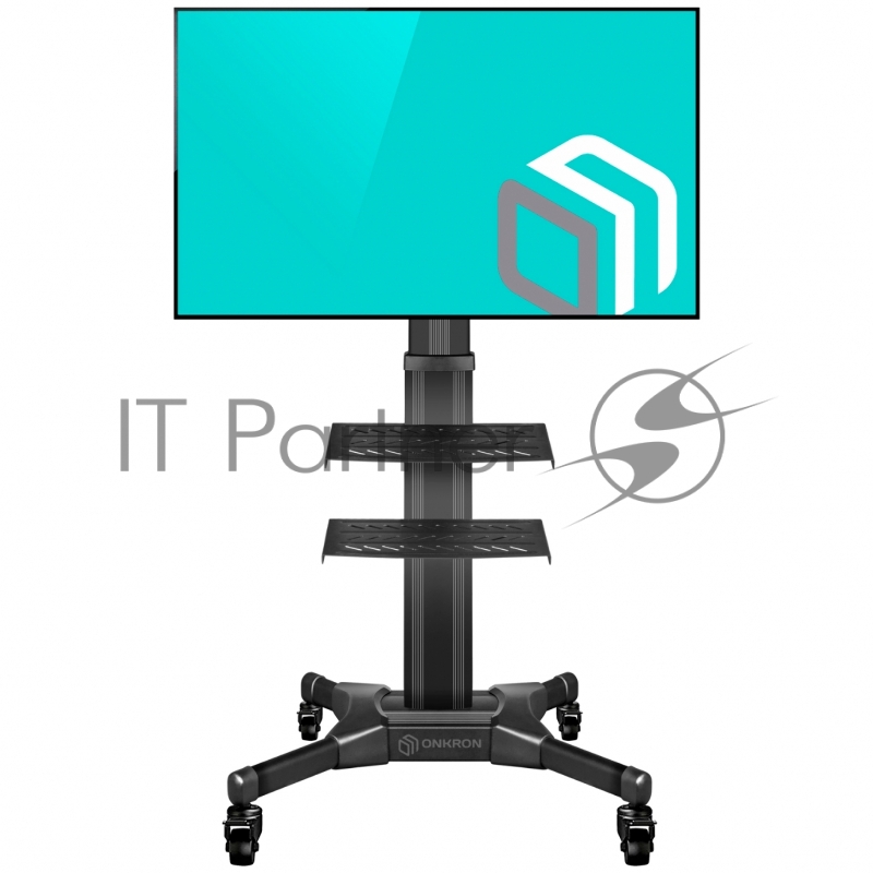 Мобильная стойка ONKRON на 1 ТВ Мобильная стойка ONKRON на 1 ТВ/ 32-55 от 200х200 до 400х600 наклон 0º поворот 0º макс нагр 27,3кг Высота 900-1500мм, кабель-канал, регулировка полки по высоте, колесики с блокировкой, черная