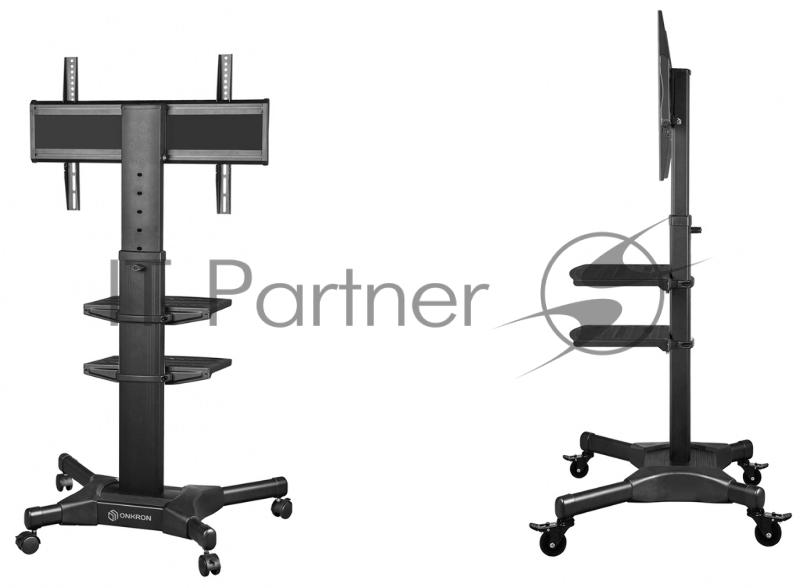 Мобильная стойка ONKRON на 1 ТВ Мобильная стойка ONKRON на 1 ТВ/ 32-55 от 200х200 до 400х600 наклон 0º поворот 0º макс нагр 27,3кг Высота 900-1500мм, кабель-канал, регулировка полки по высоте, колесики с блокировкой, черная