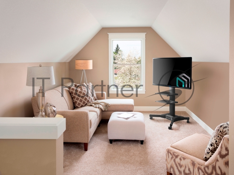 Мобильная стойка ONKRON на 1 ТВ Мобильная стойка ONKRON на 1 ТВ/ 32-55 от 200х200 до 400х600 наклон 0º поворот 0º макс нагр 27,3кг Высота 900-1500мм, кабель-канал, регулировка полки по высоте, колесики с блокировкой, черная