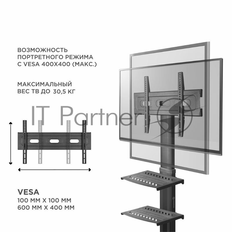 Мобильная стойка ONKRON на 1 ТВ Мобильная стойка ONKRON на 1 ТВ/ 32-55 от 200х200 до 400х600 наклон 0º поворот 0º макс нагр 27,3кг Высота 900-1500мм, кабель-канал, регулировка полки по высоте, колесики с блокировкой, черная