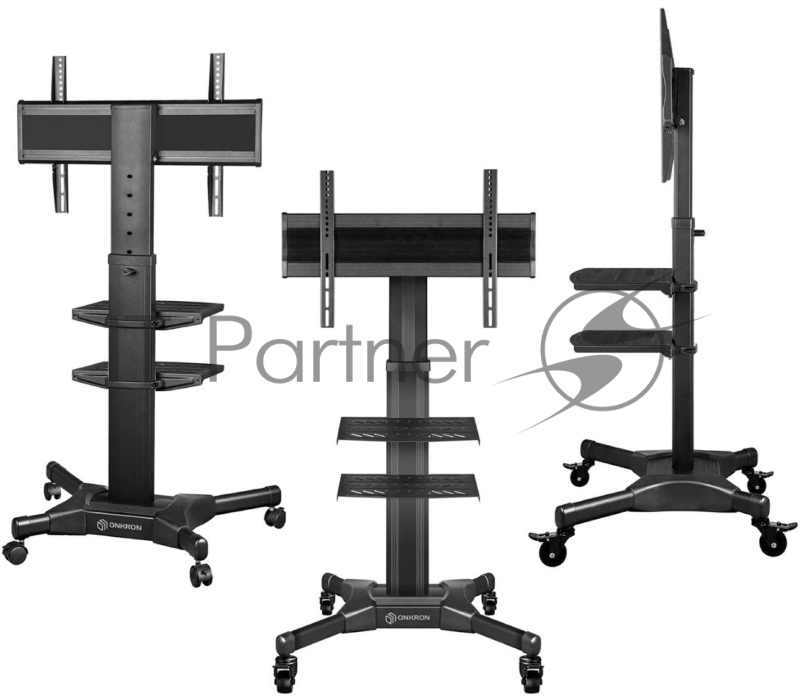 Мобильная стойка ONKRON на 1 ТВ Мобильная стойка ONKRON на 1 ТВ/ 32-55 от 200х200 до 400х600 наклон 0º поворот 0º макс нагр 27,3кг Высота 900-1500мм, кабель-канал, регулировка полки по высоте, колесики с блокировкой, черная