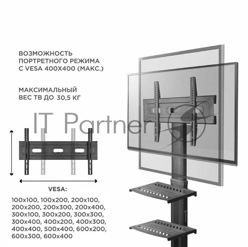 Мобильная стойка ONKRON на 1 ТВ Мобильная стойка ONKRON на 1 ТВ/ 32-55 от 200х200 до 400х600 наклон 0º поворот 0º макс нагр 27,3кг Высота 900-1500мм, кабель-канал, регулировка полки по высоте, колесики с блокировкой, черная