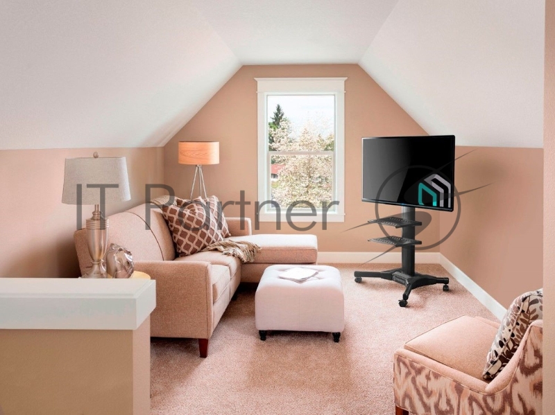 Мобильная стойка ONKRON на 1 ТВ Мобильная стойка ONKRON на 1 ТВ/ 32-55 от 200х200 до 400х600 наклон 0º поворот 0º макс нагр 27,3кг Высота 900-1500мм, кабель-канал, регулировка полки по высоте, колесики с блокировкой, черная