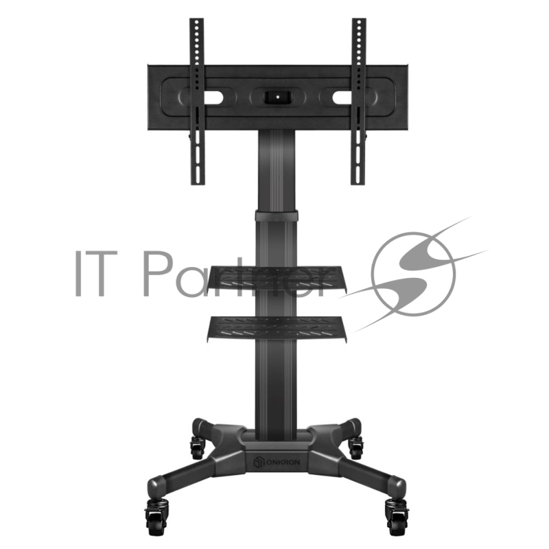 Мобильная стойка ONKRON на 1 ТВ Мобильная стойка ONKRON на 1 ТВ/ 32-55 от 200х200 до 400х600 наклон 0º поворот 0º макс нагр 27,3кг Высота 900-1500мм, кабель-канал, регулировка полки по высоте, колесики с блокировкой, черная