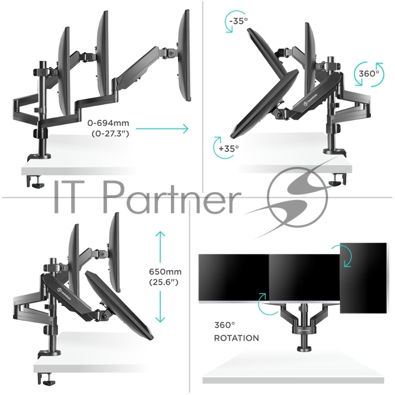 Кронштейн (держатель) ONKRON G280 для трех мониторов 13-32 дюймов настольный, черный