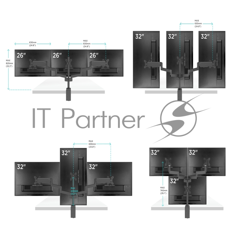 Кронштейн (держатель) ONKRON G280 для трех мониторов 13-32 дюймов настольный, черный