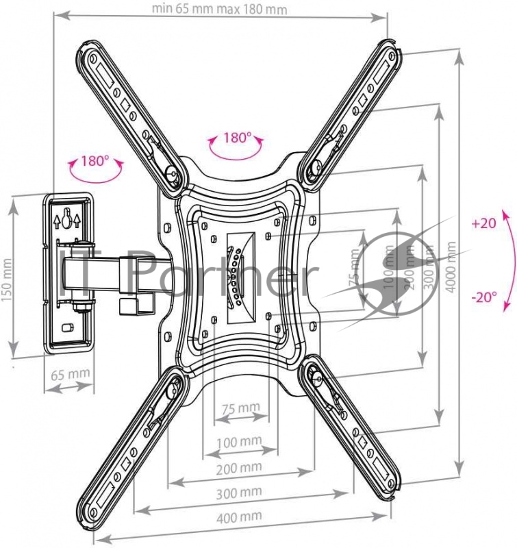 Кронштейн для телевизора Arm media LCD-403 new black 10 шт/уп. 26-55, max 30 кг. 4 ст св., нак. ±20°, пов. 180°, от ст. 65-180 мм., max VESA 400x400мм