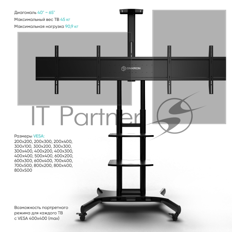 Стойка для двух телевизоров с кронштейном ONKRON TS1881DV 40-65, мобильная, чёрная