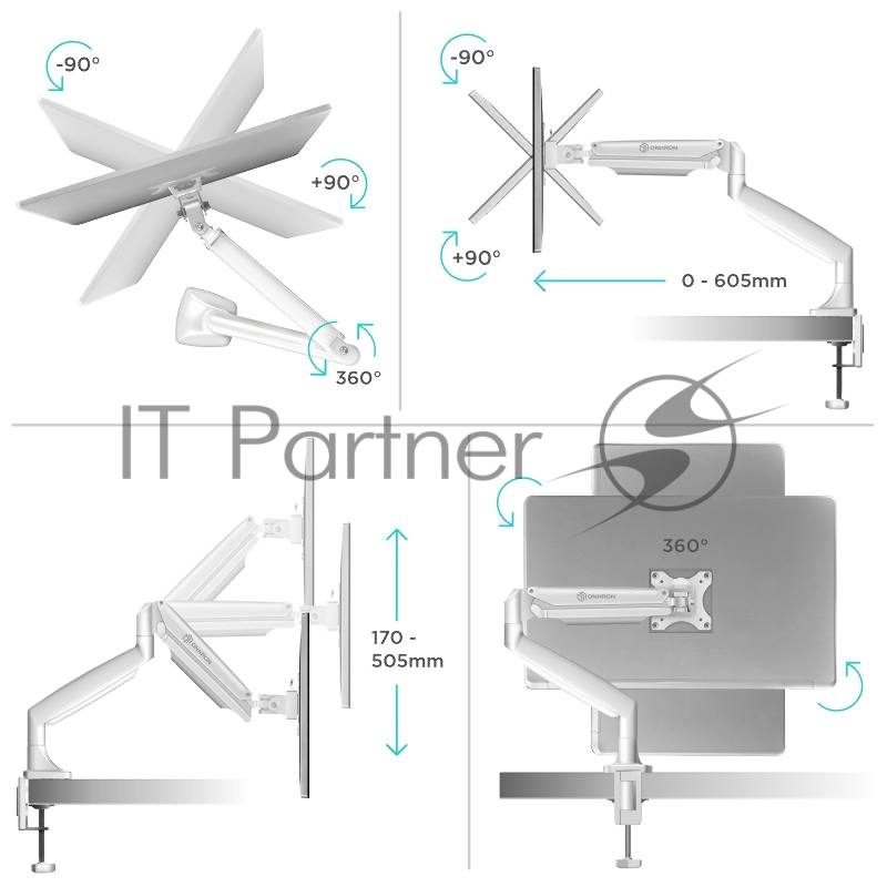 Кронштейн для мониторов Onkron G100 белый 13-32 макс.9кг настольный поворот и наклон верт.перемещ.