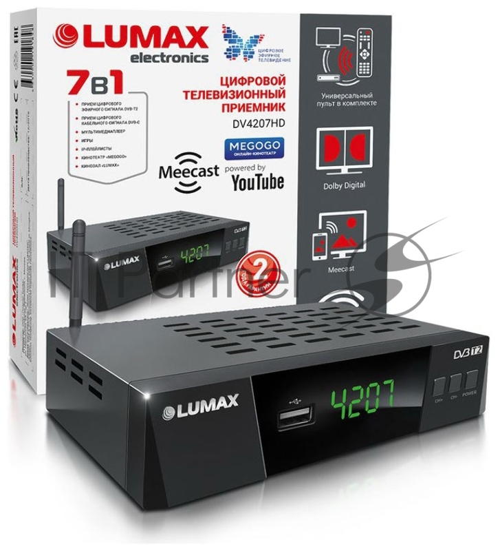 Приставка DVB-T2 LUMAX Приставка DVB-T2 LUMAX/ GX3235S, эфирный + кабельный, Металл, 3 кнопки, дисплей, USB, 3RCA, HDMI, внешний б/п, встроенный Wi-Fi адаптер, Кинозал LUMAX (более 500 фильмов)