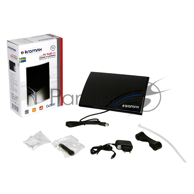 Телевизионная антенна Kromax TV FLAT-05 black Комн. акт. антенна, VHF: 87,5-230 МГц, UHF: 470-860 МГц, коэф. ус 28dB питание: адапт. в комплекте