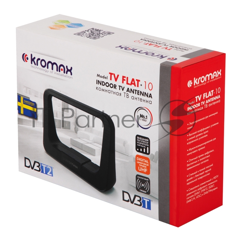 Комнатная ТВ антенна Kromax TV FLAT-10 black 20 шт/ упак Комн. акт. антенна, диап. DVB-T2, VHF: 87,5-230 МГц, UHF: 470-860 МГц, коэф. ус 30dB питание: адапт. в комплекте