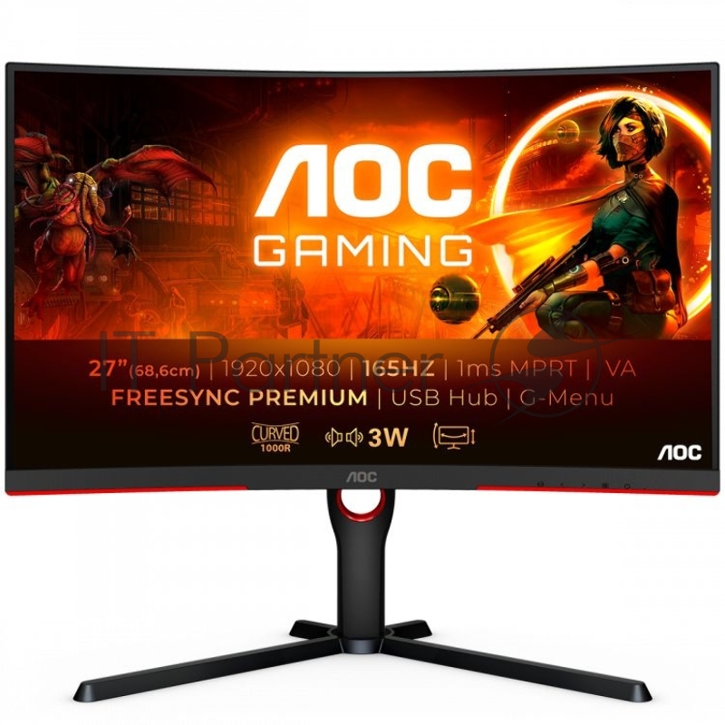 Монитор 27 AOC C27G3U/BK Curved 1000R 1920x1080 165Гц VA WLED 16:9 4ms 2*HDMI DP 4xUSB3.2 3000:1 80M:1 178/178 300cd HAS Swivel Tilt Speakers Black/Red
