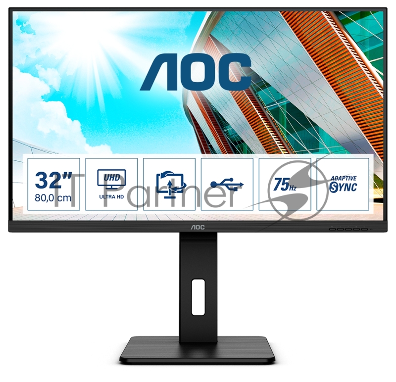 МОНИТОР 31.5 AOC U32P2CA Black с поворотом экрана (4K, VA, 3840x2160, 4 ms, 178°/178°, 350 cd/m, 50M:1, +2xHDMI 2.0