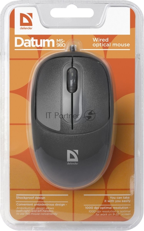 Мышь Defender Проводная оптическая мышь Datum MS-980 черный,3 кнопки,1000dpi Defender Проводная оптическая мышь Datum MS-980 черный,3 кнопки,1000dpi