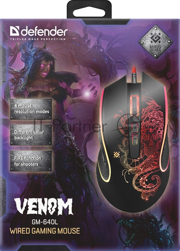 Мышь проводная чёрная Defender Venom (8 кнопок, 3200 dpi, RGB подсветка, USB, коврик, GM-640L)