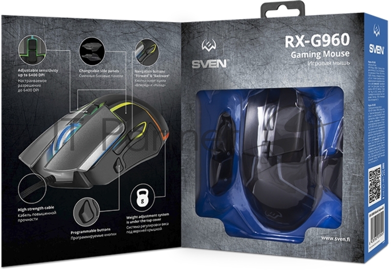 Игровая мышь SVEN RX-G960 (7+1кл. 500-6400 DPI, ПО, грузики, подсветка, сменные панели, игров. упак) Игровая мышь SVEN RX-G960 (7+1кл. 500-6400 DPI, ПО, грузики, подсветка, сменные панели, игров. упак)