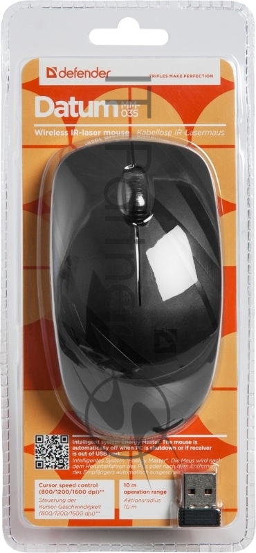 Мышь Defender Datum MM-035 черный, Беспроводная IR-лазерная мышь, 3 кнопки,800-1600 dpi 52035