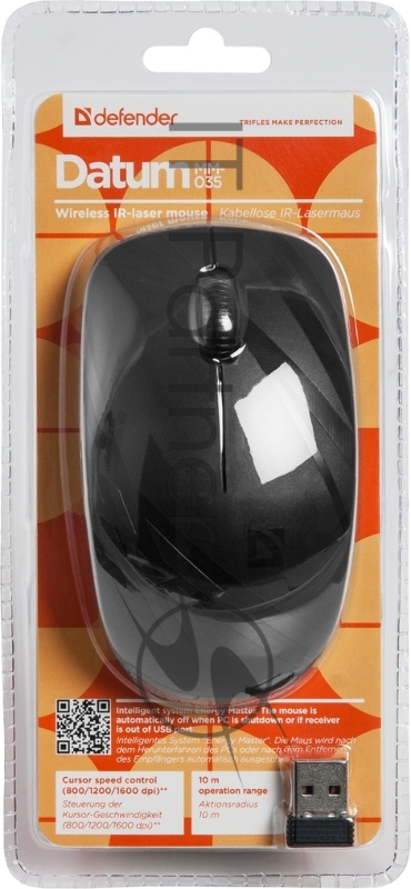 Мышь Defender Datum MM-035 черный, Беспроводная IR-лазерная мышь, 3 кнопки,800-1600 dpi 52035