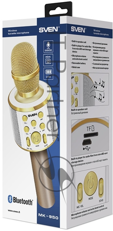 Микрофон для караоке SVEN MK-950, белый-золотой (6 Вт, Bluetooth, microSD, 1200мА*ч)