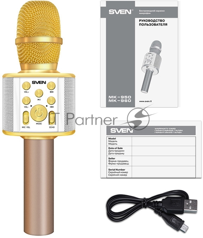 Микрофон для караоке SVEN MK-950, белый-золотой (6 Вт, Bluetooth, microSD, 1200мА*ч)