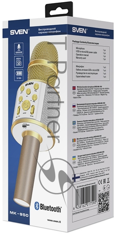 Микрофон для караоке SVEN MK-950, белый-золотой (6 Вт, Bluetooth, microSD, 1200мА*ч)