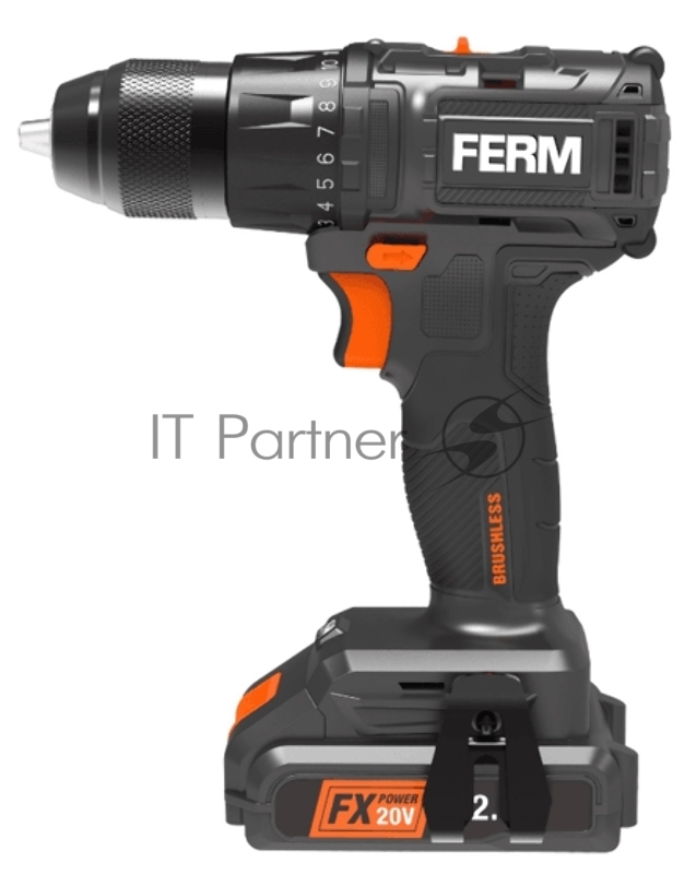Аккумуляторная дрель-шуруповёрт FERM Б/щетчная, Li-Ion 20 В, 1 аккум. 2.0 Aч,50 Hм, 20В, БЗП, 2 скорости,:LED подсветка, бита, кейс, ЗУ
