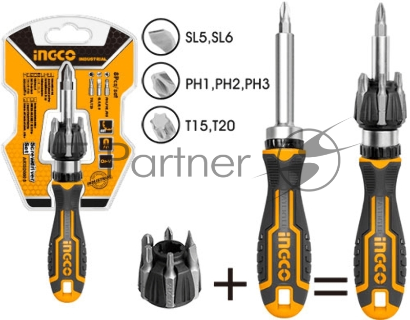 Отвертка реверсивная с битами 8шт