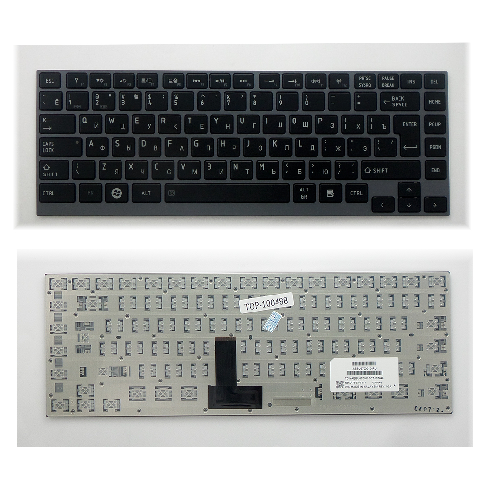 Клавиатура для ноутбука Toshiba Portege Z830, Z835, M800, N860 Series. Г-образный Enter. Черная, с серебристой рамкой. NSK-TX3GC 0R, 9Z.N8UGC.30R.