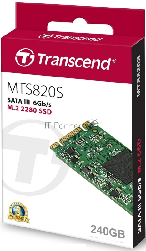 Жесткий диск SSD M.2 Transcend 240Gb MTS820 (SATA3, up to 560/340MBs, 85000 IOPs, 3D TLC, 22х80мм) <TS240GMTS820S>