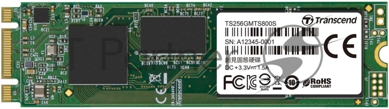 Жесткий диск SSD M.2 Transcend 256Gb MTS800S <TS256GMTS800S> (SATA3, up to 500/450MBs, 75000 IOPs, MLC, 22х80мм)