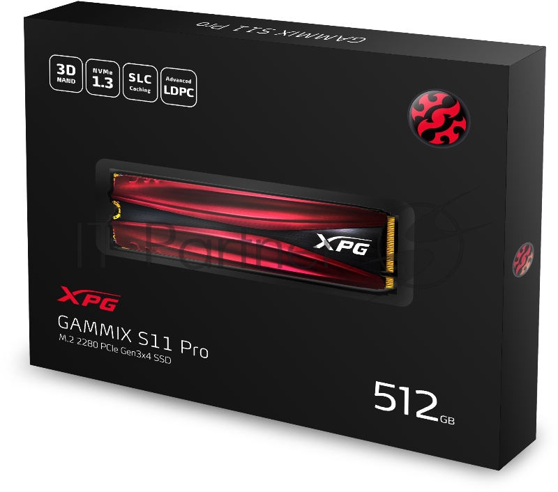 Накопитель SSD M.2 ADATA 512Gb XPG S11 Pro <AGAMMIXS11P-512GT-C> (PCI-E 3.0 x4, up to 3500/2300Mbs, 390000 IOPs, 3D TLC, NVMe 1.3, 22x80mm, радиатор)