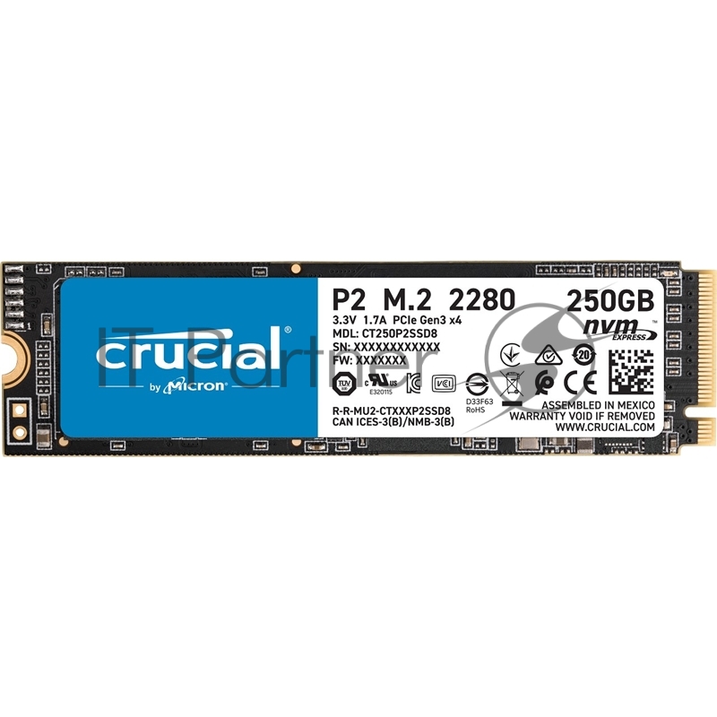 SSD накопитель Crucial P2 SSD 250GB, M.2 (2280), PCIe Gen 3.0, NVMe, R2100/W1150, 150 TBW