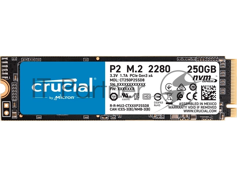 SSD накопитель Crucial P2 SSD 250GB, M.2 (2280), PCIe Gen 3.0, NVMe, R2100/W1150, 150 TBW