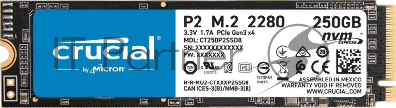 SSD накопитель Crucial P2 SSD 250GB, M.2 (2280), PCIe Gen 3.0, NVMe, R2100/W1150, 150 TBW