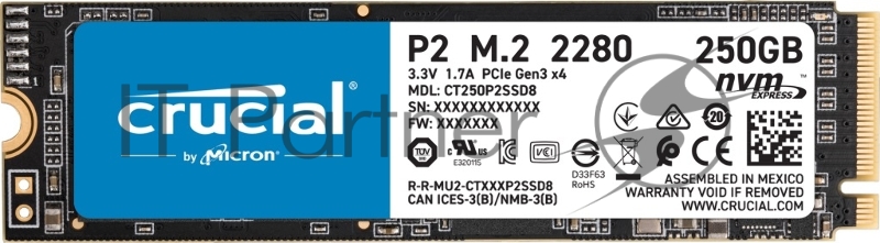 SSD накопитель Crucial P2 SSD 250GB, M.2 (2280), PCIe Gen 3.0, NVMe, R2100/W1150, 150 TBW