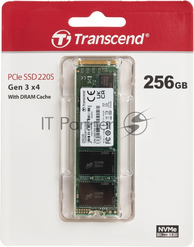 Твердотельный накопитель Transcend MTE220S SSD 256GB, 3D TLC, M.2 (2280), PCIe Gen 3.0 x4, NVMe, R3300/W1100, TBW 550